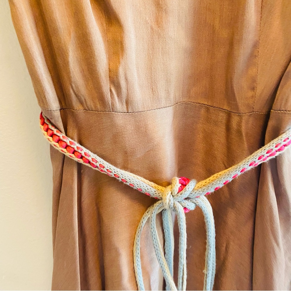 Anthropologie Conditions Tan Silk Blend Fit And Flare Embroidered Neckline Dress - Picture 6 of 12